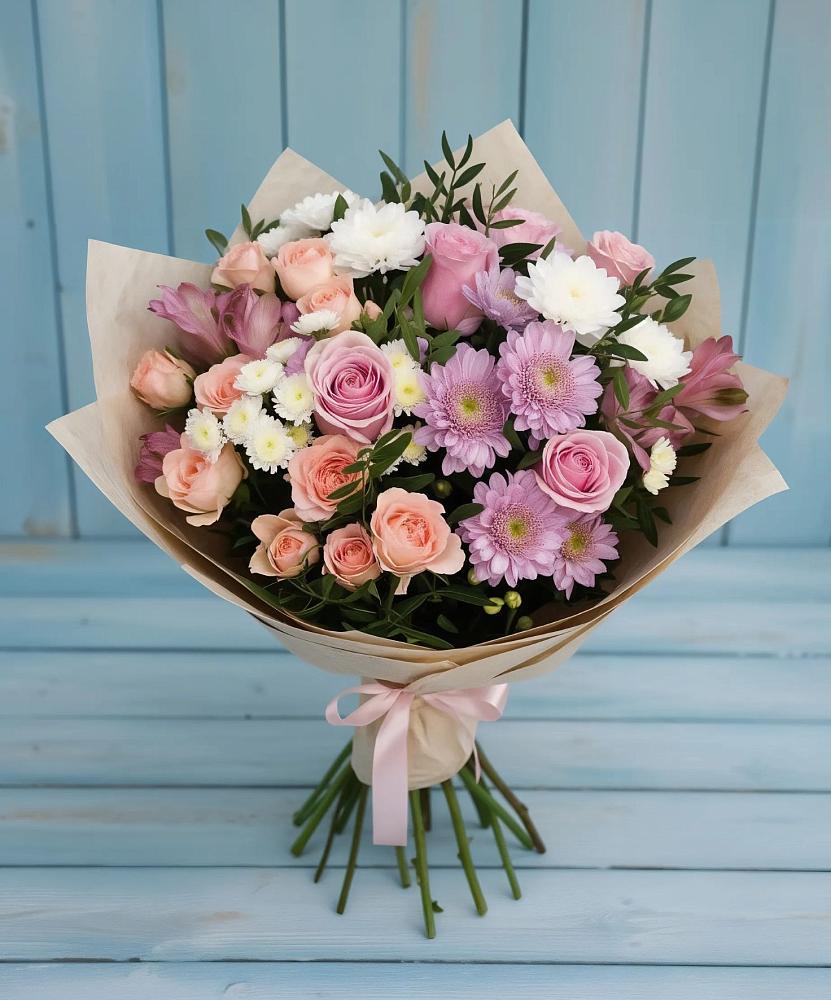 Букет цветов из: Хризантемы, Розы и Альстромерии в Урушу