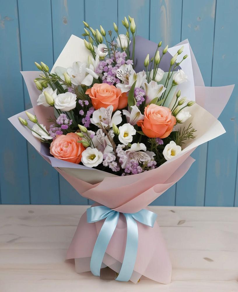 Букет цветов из: Лизиантусы, Розы, Альстромерии и Гипсофила в Урушу