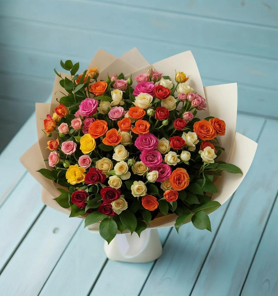 Букет Микс из разноцветных кустовых роз в Урушу